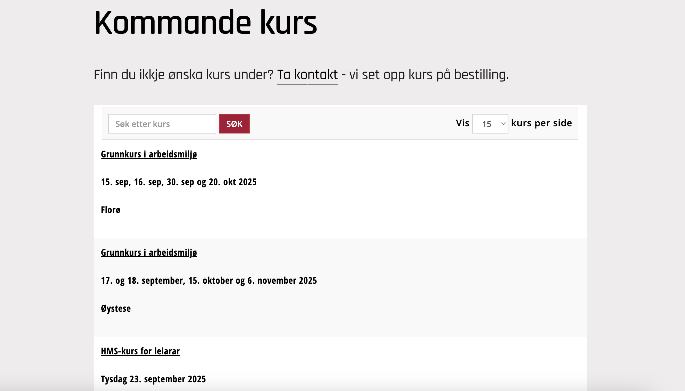 Skjermbilde fra kurskatalogen til Bedriftshelse1.