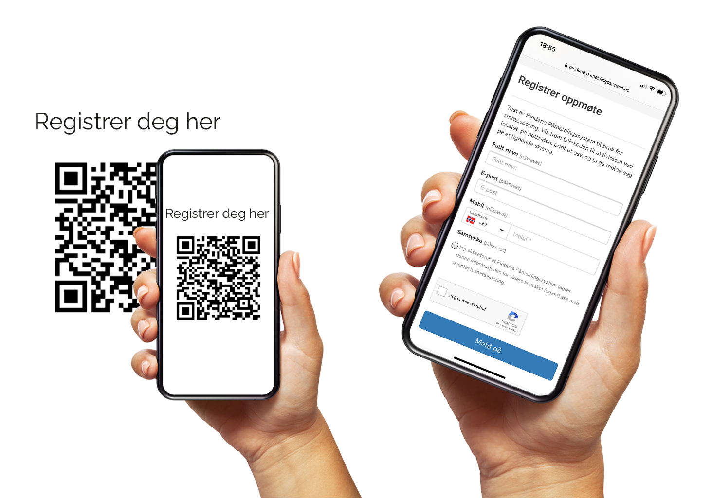 En QR-kode i bakgrunnen blir skannet med en mobil. En mobilskjerm ved siden av viser registreringsskjema.