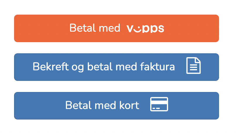 Skjermbilde som viser knapper i et påmeldingsskjema som er mulige betalingsalternativer i Pindena