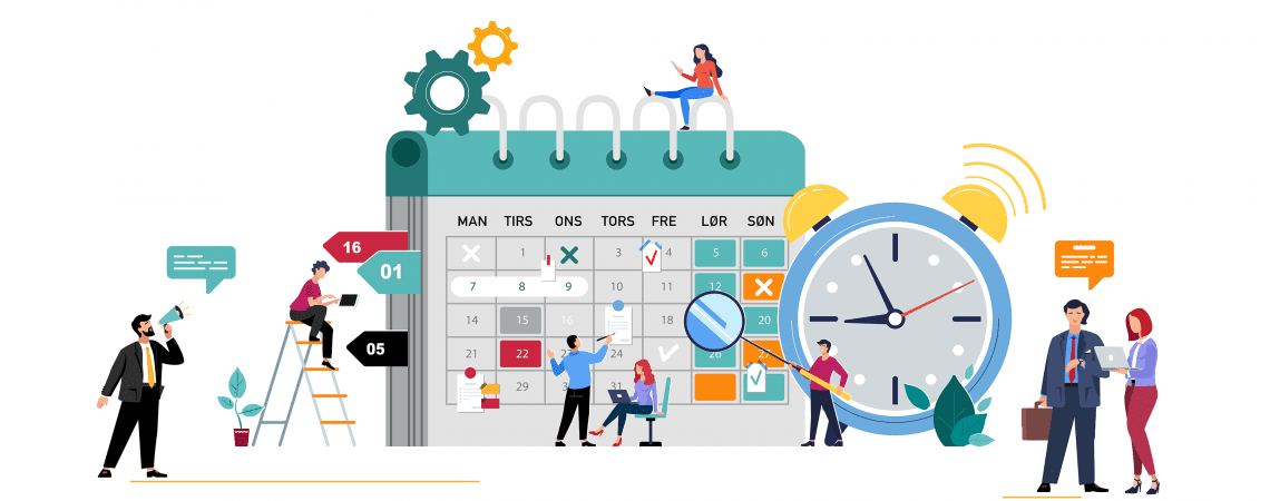 Illustrasjon av folk som planlegger datoer og tid i en kalender
