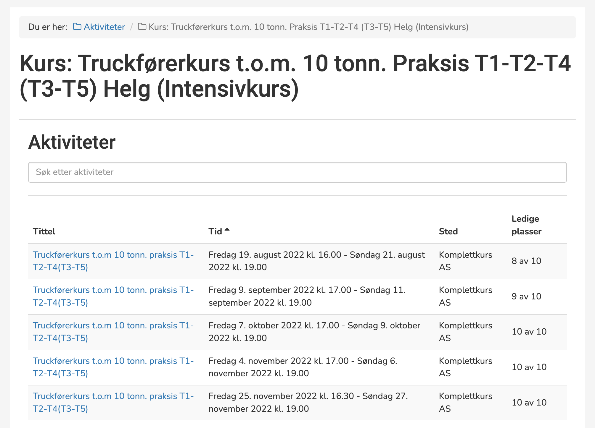 Skjermdump av liste over Truckførerkurs