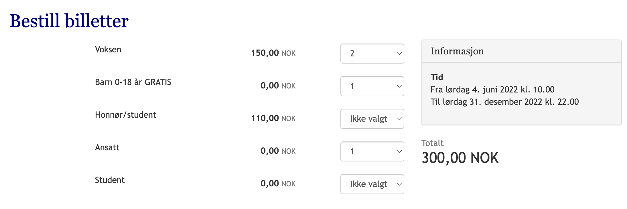 Bestill antall billetter i påmeldingsskjema