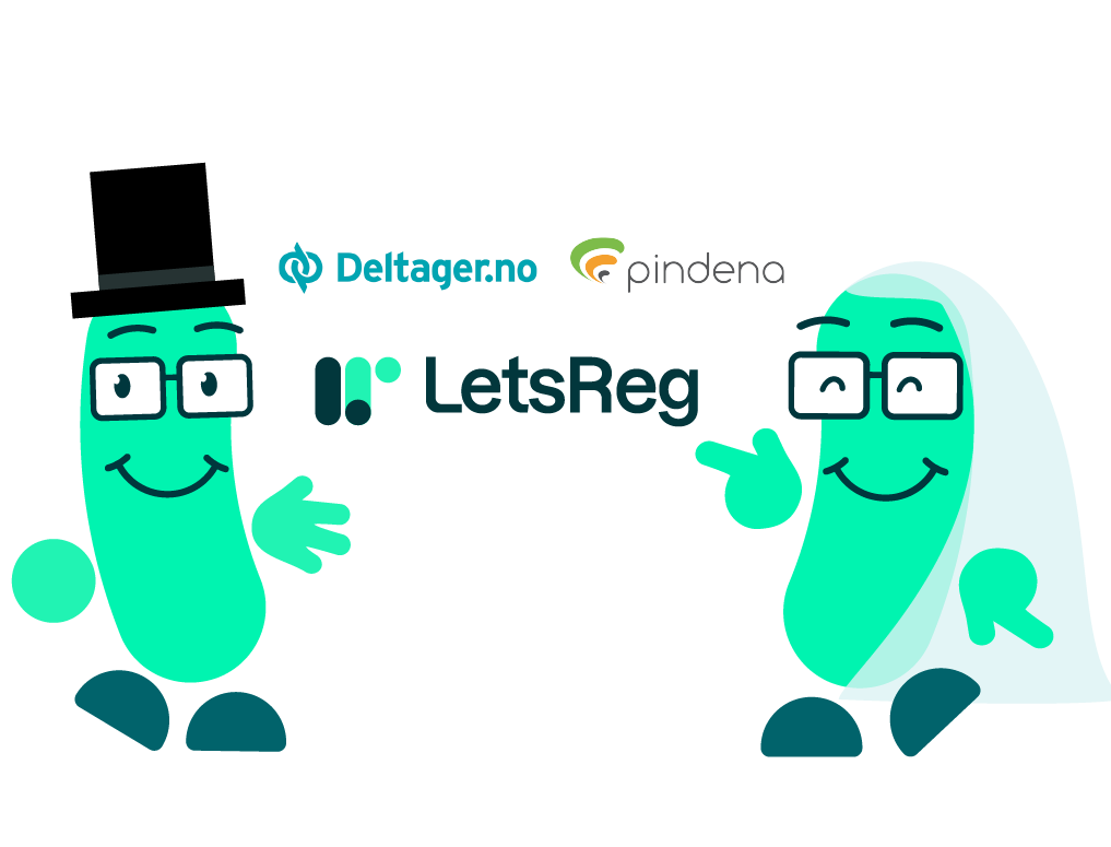 Pindena og Deltager logoer med LetsReg logo i midten. På hver side er maskoten Reggie med i en variant med flosshatt og en med brudeslør.