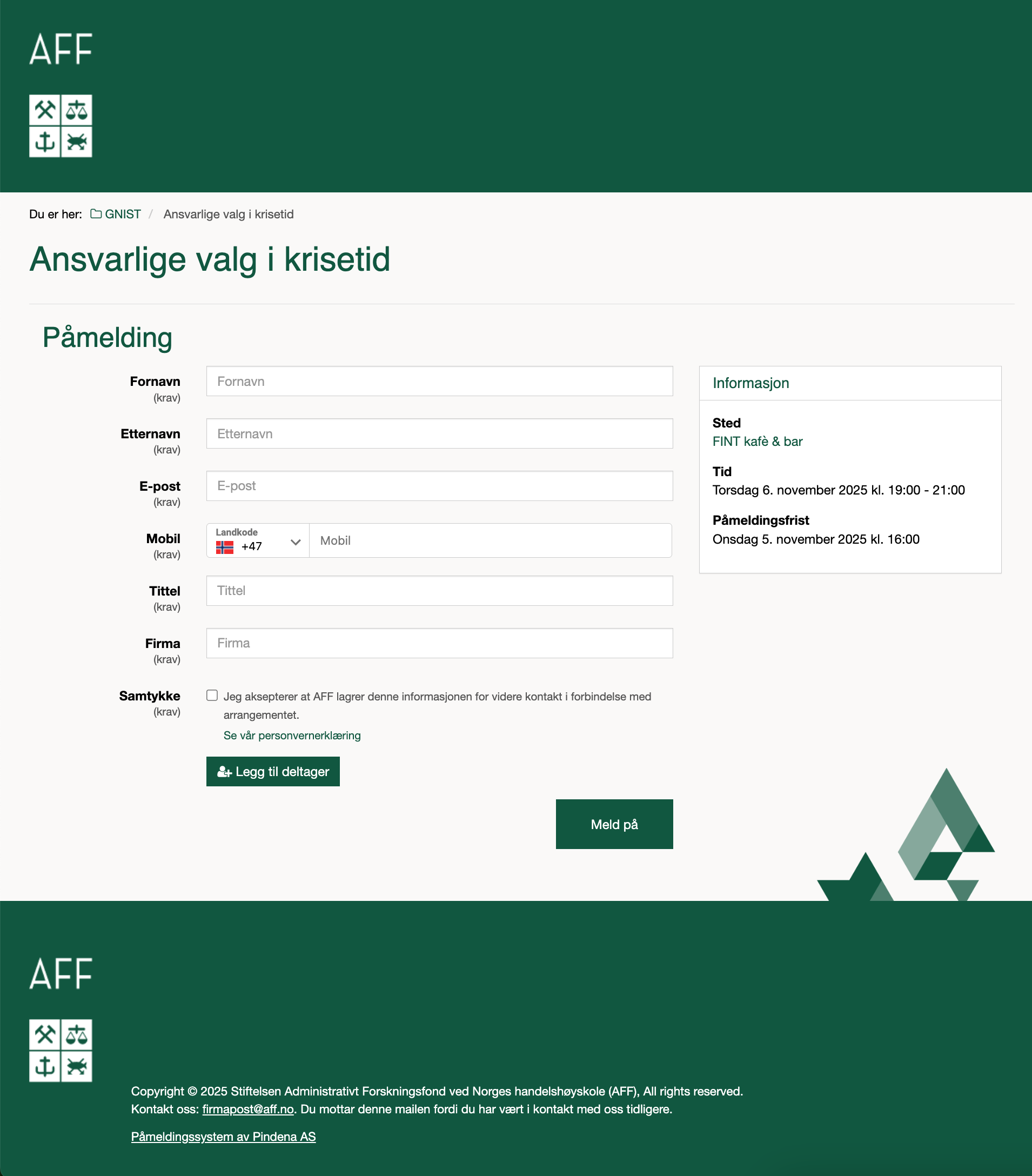 Bilde av påmeldingsside hos AFF i Pindena påmeldingssystem.