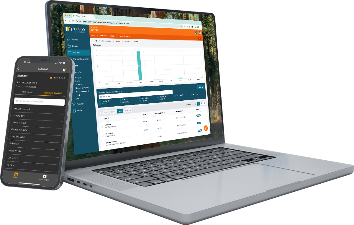 Laptop med deltageroversikt i Pindena og mobil med aktivitetsliste i Pindena Innsjekk app.