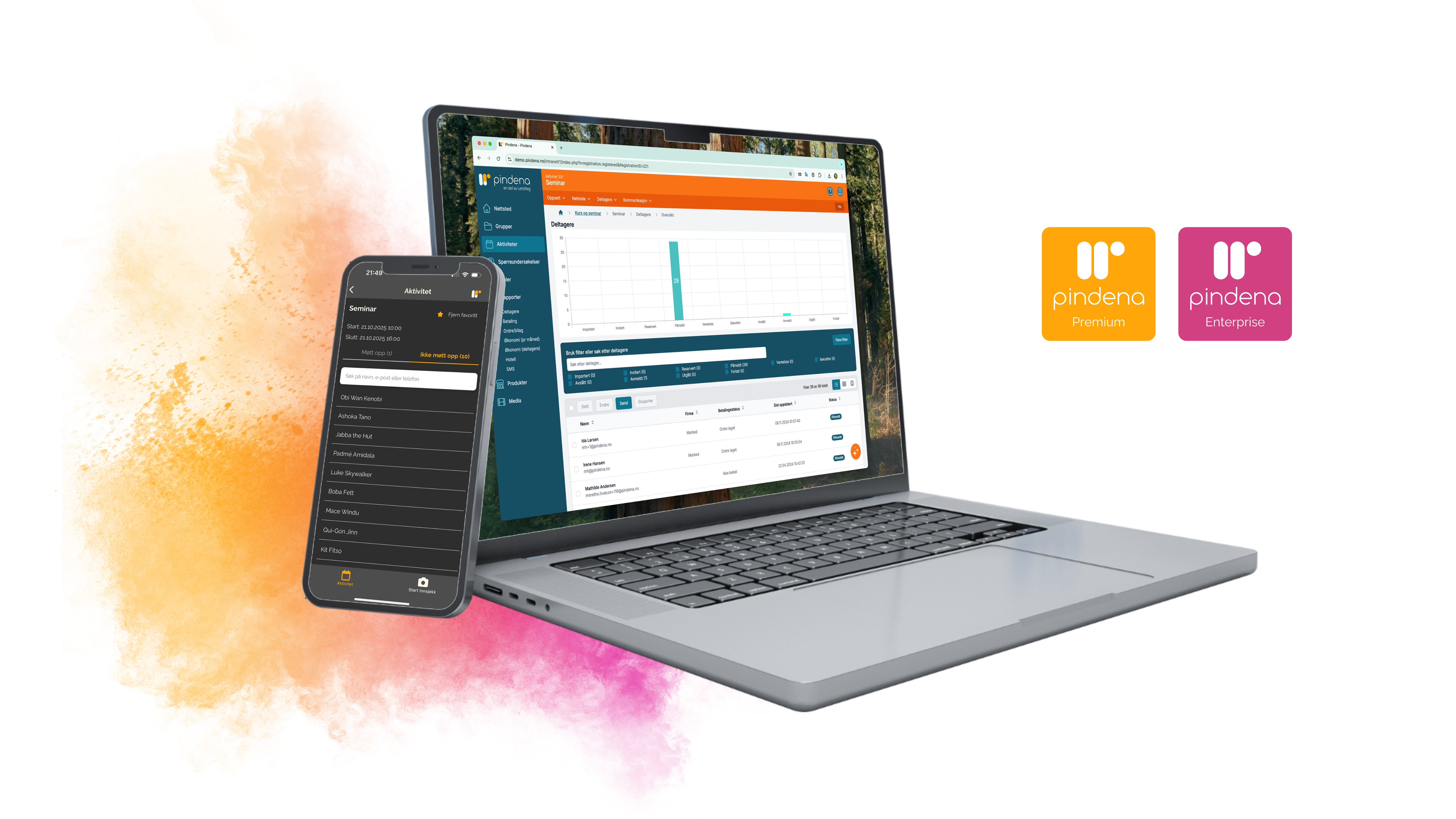 Laptop og mobil med Pindena nettløsning og innsjekk app.