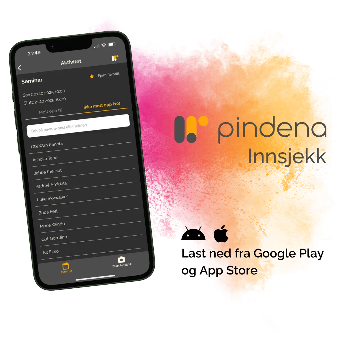 Pindena Innsjekk app med logo og tekst for nedlasting fra App store og Google Play